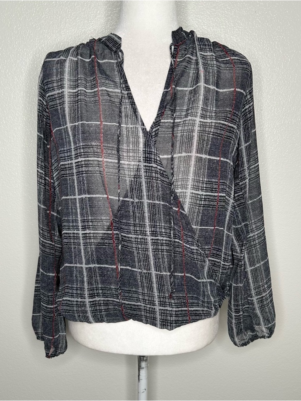 Veronica M By Stitch Fix Womens Plaid Sheer Faux Wrap Long Sleeve Top Size S